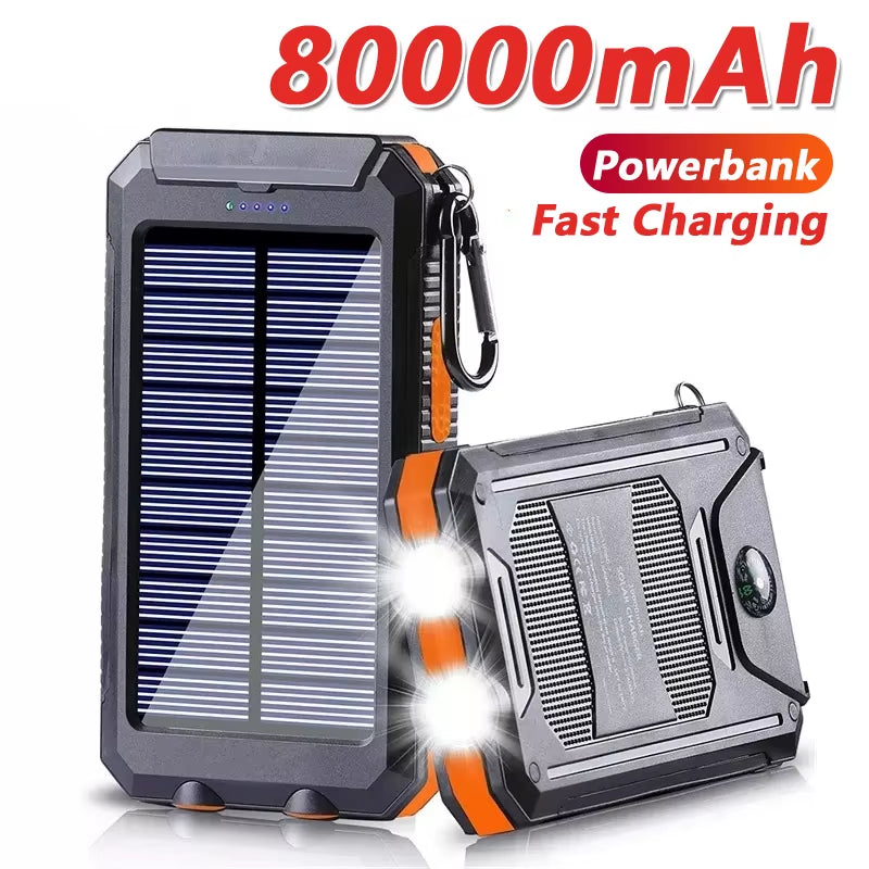 Solar Power Bank 80000Mah Portable Charging Poverbank External Battery Charger Strong Light LDE Light for All Smartphones