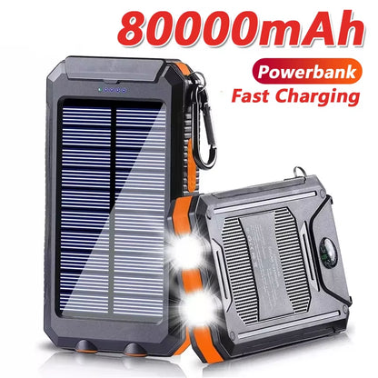 Solar Power Bank 80000Mah Portable Charging Poverbank External Battery Charger Strong Light LDE Light for All Smartphones